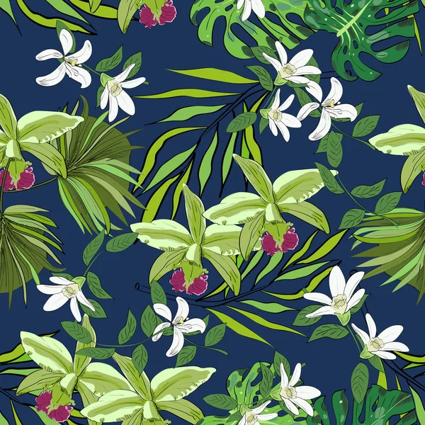 Modèle vectoriel sans couture de fleurs et de feuilles exotiques dessinées par vecteur. Contexte tropical . — Image vectorielle