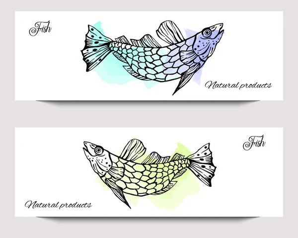 Original Design Paketvorlage mit Hand gezeichnet Fisch auf Aquarell Hintergrund. — Stockvektor