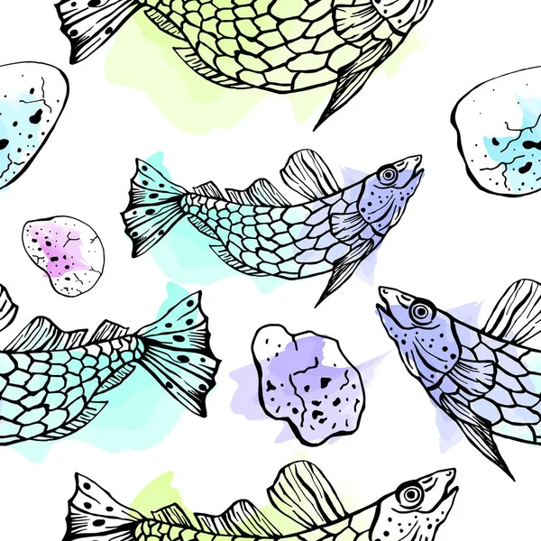Nahtlose Vektormuster von Hand Fisch und Steinen auf Aquarell Hintergrund gezeichnet. Abdeckung, print-design. — Stockvektor