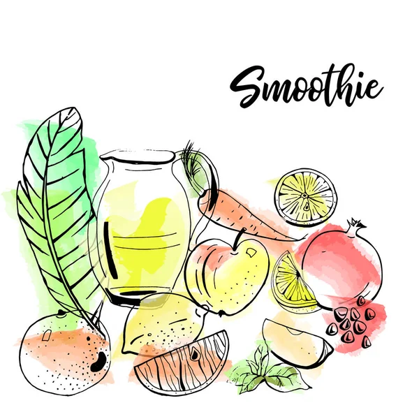 Elle çizilmiş vektör özgün smoothie meyve sulu boya arka plan üzerinde ayarla..