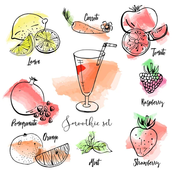 Hand getekende vector set originele smoothie vruchten op aquarel achtergrond. — Stockvector