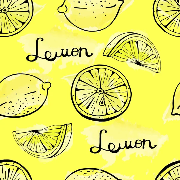 Sorunsuz vektör desen el limon ve limon dilimleri suluboya arka plan üzerinde çizilmiş.
