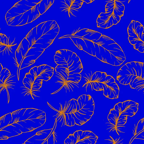 Nahtloses Muster handgezeichneter Vektor-orangefarbener Federn auf blauem Hintergrund. Cover, Druckdesign. — Stockvektor