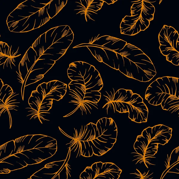 Nahtloses Muster handgezeichneter Vektor-orangefarbener Federn auf schwarzem Hintergrund. Cover, Druckdesign. — Stockvektor