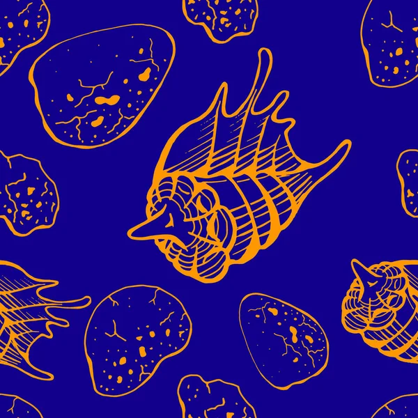 Nahtloses Muster handgezeichneter Vektor-orangefarbener Muscheln und Steine auf blauem Hintergrund. Cover, Druckdesign. — Stockvektor