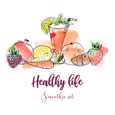 El vektör afiş özgün smoothie meyve sulu boya arka plan üzerinde çekilmiş..