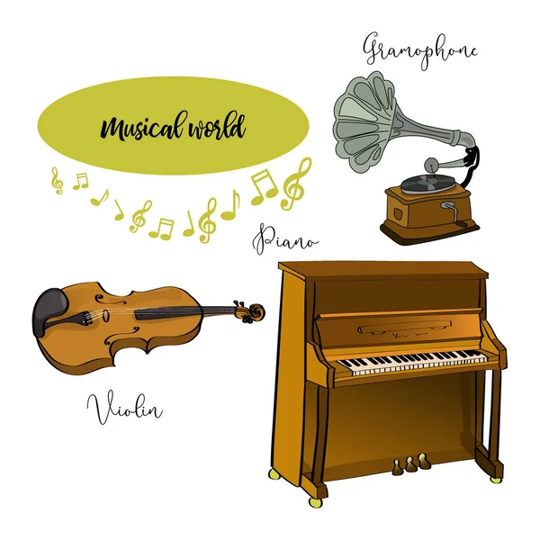 Musical banner design. Hand drawn vector piano, violin, gramophone. — Stock Vector