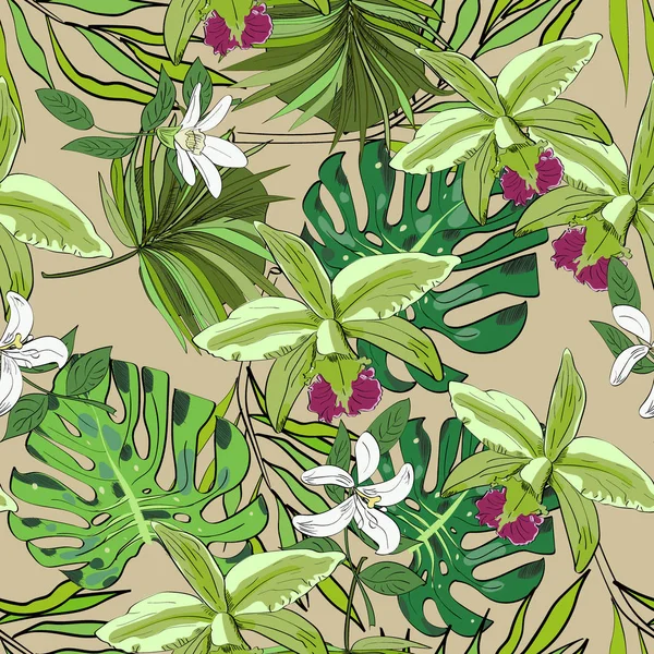 Tropische Hand gezeichnete exotische nahtlose Muster mit Blättern und Blüten. Paketgestaltung. — Stockvektor
