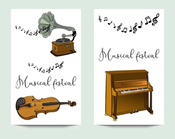 El ile Müzik Festivali için dikey vektör afişler aletleri çizilmiş.