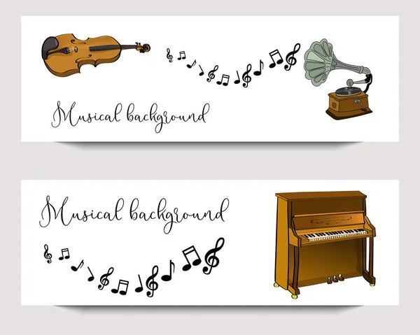 El ile Müzik Festivali için yatay vektör afişler aletleri çizilmiş.
