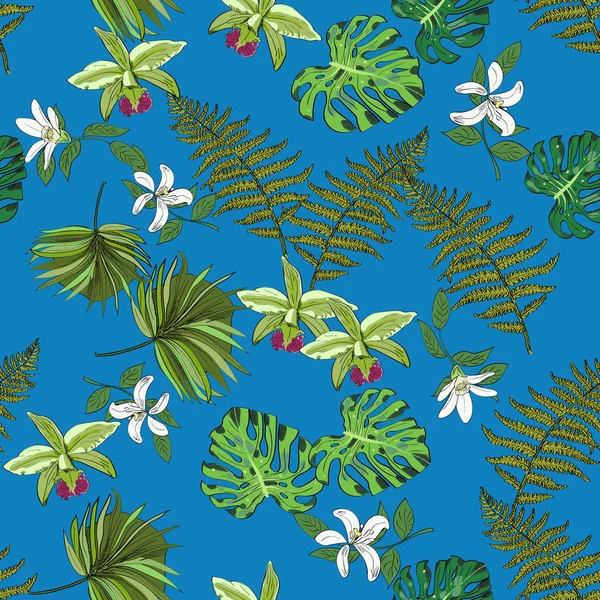 Tropical motif exotique sans couture dessiné à la main avec des feuilles et des fleurs. Conception du paquet . — Image vectorielle