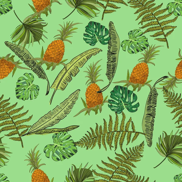 熱帯の手の葉と果物描かれたエキゾチックなシームレス パターン。パッケージ デザイン. — ストックベクタ