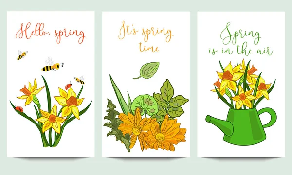 Plantilla de primavera de pancartas verticales para póster, tarjeta, volante, tela con corona de flores dibujada a mano . — Vector de stock