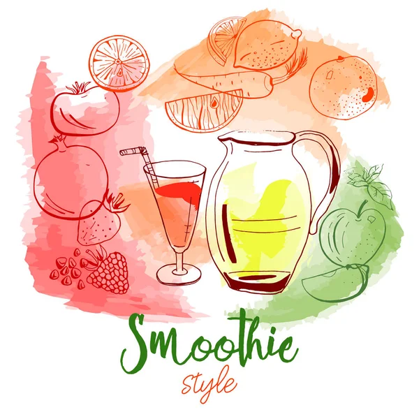 El vektör afiş özgün smoothie meyve sulu boya arka plan üzerinde çekilmiş..