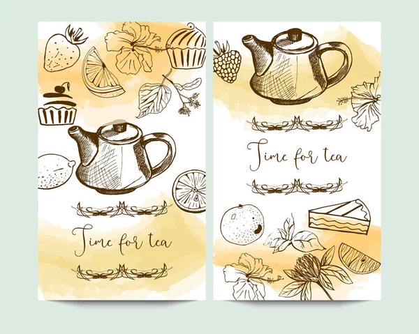 Tempo vertical do vetor para banners de chá com elementos de loja de chá desenhados à mão no fundo aquarela. Design para embalagem, loja de chá, menu de bebidas, homeopatia e produtos de saúde . —  Vetores de Stock