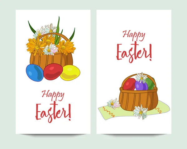 Handgezeichnete vertikale Vektorbanner mit farbigen Eiern, Korb auf weißem Hintergrund. — Stockvektor