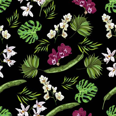 Seamless hand drawn botanical exotic vector pattern with green palm leaves and orchids on black background. clipart