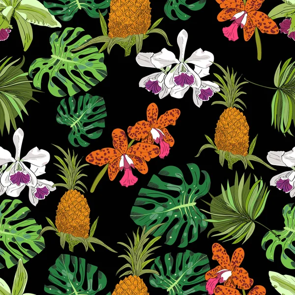 Nahtlose handgezeichnete botanische exotische Vektormuster mit grünen Palmblättern, Ananas und Orchideen auf schwarzem Hintergrund. — Stockvektor