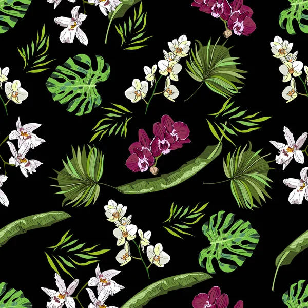 黑色背景下的绿色棕榈叶和兰花无缝手绘植物奇异向量模式. — 图库矢量图片