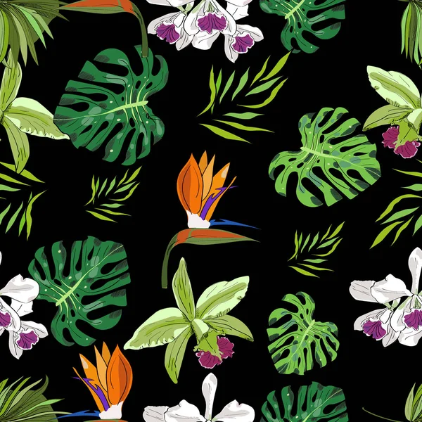 緑のヤシの葉と黒い背景に蘭シームレスな手描きの植物のエキゾチックな背景パターン. — ストックベクタ