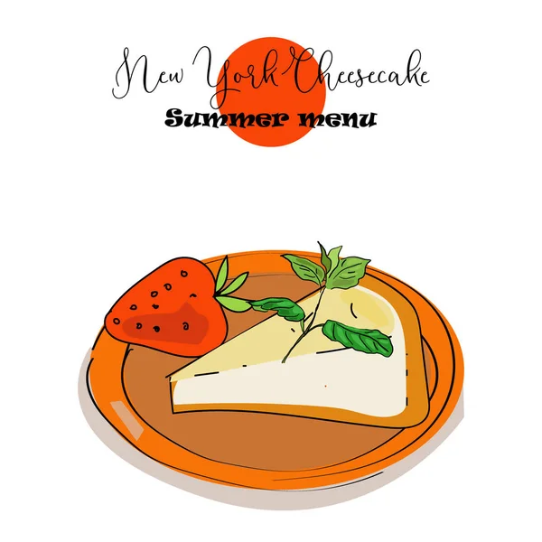 Ilustração vetorial desenhada à mão de New York Cheesecake em estilo esboço. Uma ideia para o menu de verão . — Vetor de Stock