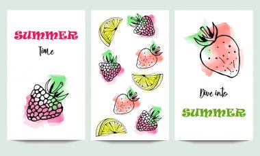 Çilek ve meyveleri ve komik tırnak suluboya arka plan izole ayarla çizilmiş vektör yaz saati kartları ver. Hipster düğün, doğum günü, Dekorasyon, Tarih, Kaydet logosu
