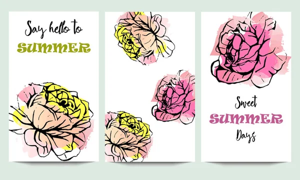 Handgezeichnete Vektor-Sommerzeitkarten mit rosa Rosen und lustigen Zitaten auf aquarellfarbenem Hintergrund. Hipster Hochzeit, Geburtstag, Dekoration, Speichern des Datums, Logo — Stockvektor
