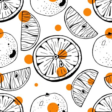 Sorunsuz vektör yaz desen turuncu ve portakal dilimleri turuncu daireler ile beyaz zemin üzerine çizilen mürekkep el. Moda, menü, günlük kaydı, logo, tasarım, marka kavramı