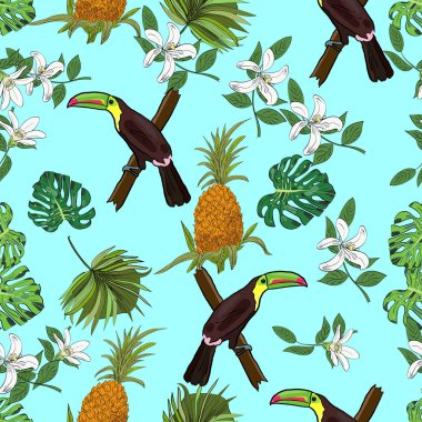 Tropikal el egzotik koleksiyonu ile seamless modeli yapraklar ve çiçekler, ananas ve tukanlar çekilmiş. Paket, duvar kağıdı, tekstil, kapak, tasarım.