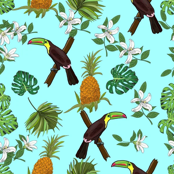 Tropische handgezeichnete exotische Kollektion mit nahtlosem Muster mit Blättern und Blüten, Ananas und Tukanen. Paket, Tapete, Textil, Einband, Design. — Stockvektor