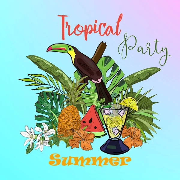 Cartaz de festa de verão vetorial tropical com flores desenhadas à mão, frutas, tucano e coquetel . — Vetor de Stock