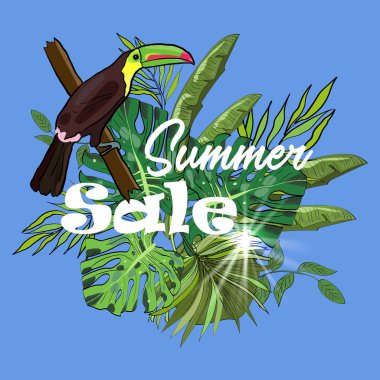 Yaz satış tropikal vektör banner veya muz, palm, monstera tropikal yaprak, güneş ve toucan kroki tarzı el ilanı.