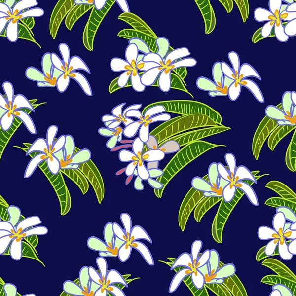 热带矢量画异国情调收集在蓝色背景下花式花朵的无缝图案. — 图库矢量图片