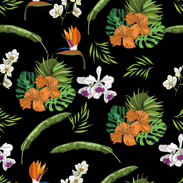 Vecteur tropical dessiné motif sans couture collection exotique avec des feuilles de palmier et des orchidées sur fond noir . — Image vectorielle