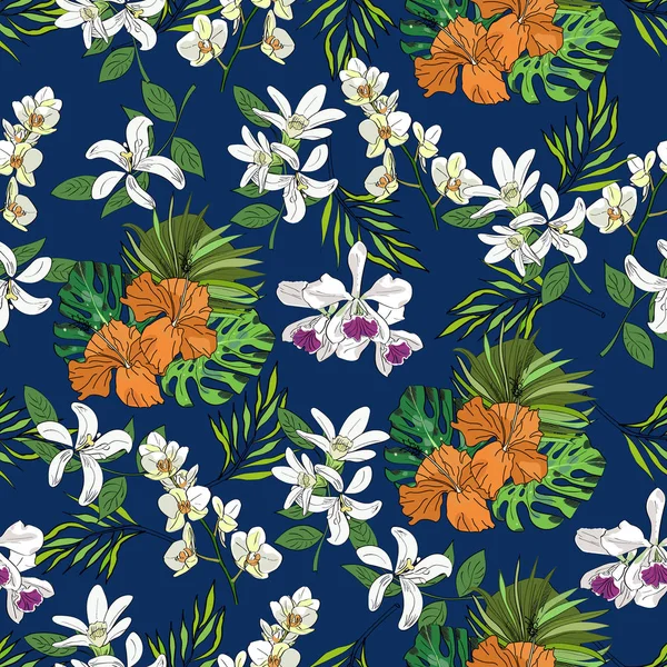 热带矢量画异国风情收集与棕榈叶和兰花在蓝色背景下的无缝图案. — 图库矢量图片