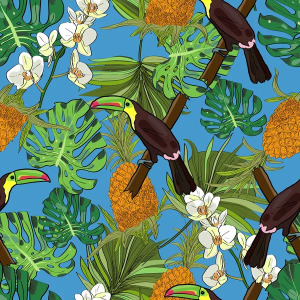 Tropische handgezeichnete exotische Sammlung nahtlose Muster mit Blättern, Ananas, Orchideen und Tukanen. Paket, Tapete, Textil, Einband, Design. — Stockvektor