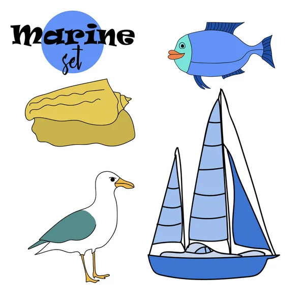 Vektor gezeichnetes Meerestier-Set aus Fischen, Schiffen, Möwen und Muscheln im Doodle-Stil. — Stockvektor