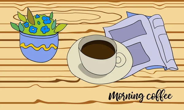 Vector fondo de la mesa de café de la mañana con periódico, maceta de flores y una taza de café en la superficie de madera en estilo de boceto. Ilustración vista superior . — Archivo Imágenes Vectoriales