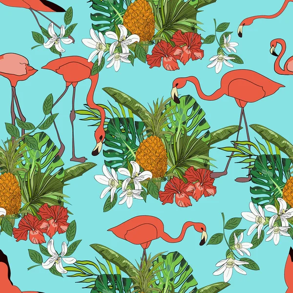 热带手画异国情调的收藏品无缝图案与树叶 菠萝和火烈鸟 — 图库矢量图片