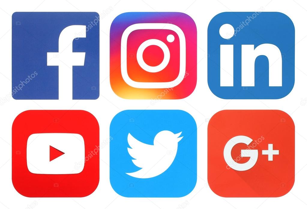 Kiev, Ukraine - September 20, 2016: Collection of popular social media logos printed on paper: Facebook, Twitter, Google Plus, Instagram, LinkedIn and YouTube
