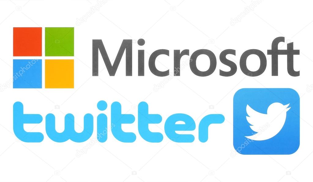 Kiev, Ukraine - September 26, 2016: Collection of popular logos printed on paper: Twitter and Microsoft
