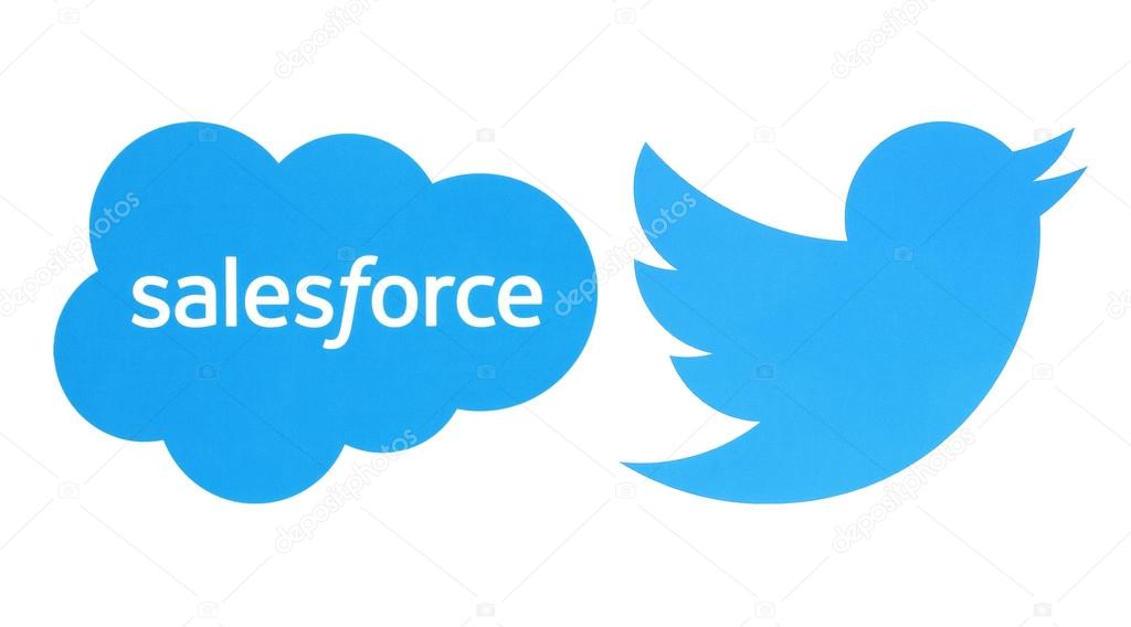 Kiev, Ukraine - September 27, 2016: Collection of popular social media logos printed on paper: Twitter and Salesforce
