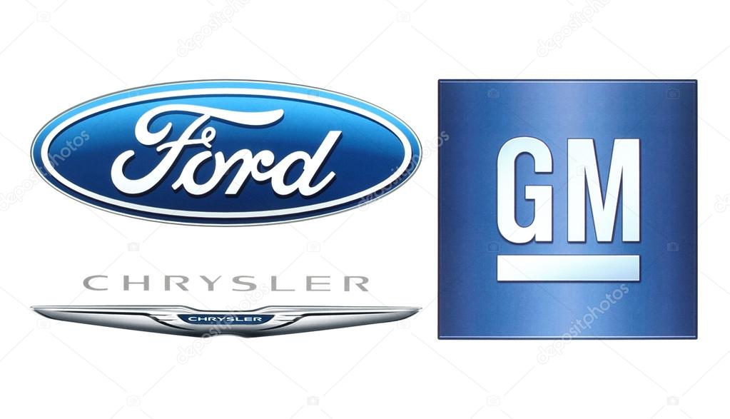 Kiev, Ukraine - October 12, 2016: Collection of popular American car manufacturers logo, printed on white paper: Ford, Chrysler, General Motors
