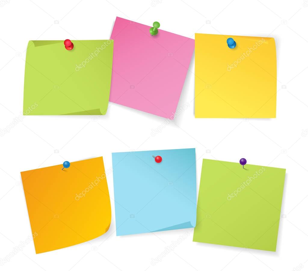 Set of color note papers with different color pushpins