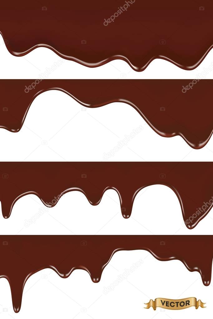 Set of melted chocolate dripping on white background