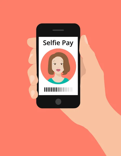 Mão segurar telefone inteligente, conceito de pagamento selfie — Vetor de Stock