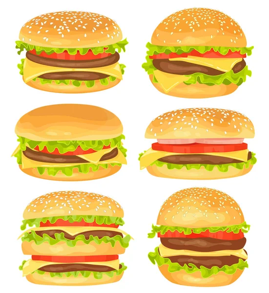 Conjunto de hamburguesas grandes sobre fondo blanco — Vector de stock