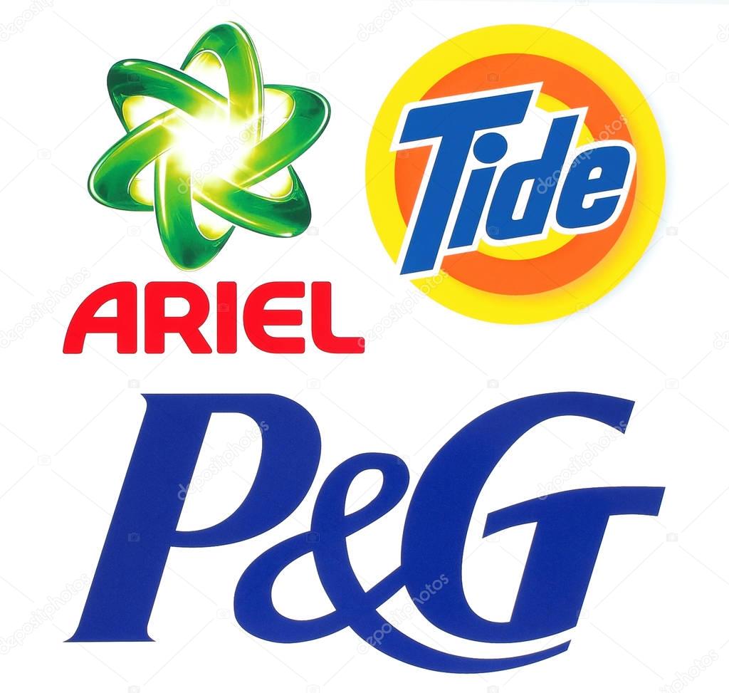 Kiev, Ukraine - November 15, 2016: Collection of popular brands logos printed on paper: Procter & Gamble, Ariel and Tide