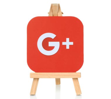 Google Plus logo ahşap şövale üzerinde yer