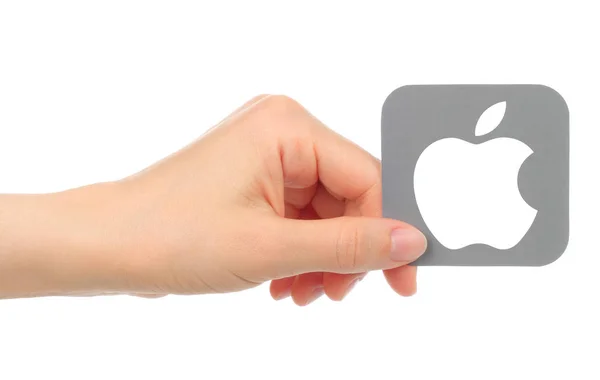 Χέρι κρατήστε πατημένο το εικονίδιο Apple που απομονώνονται σε λευκό φόντο — Φωτογραφία Αρχείου